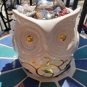 Mystery JEWELRY filled Ceramic Owl Planter/Jar with Gold Accents